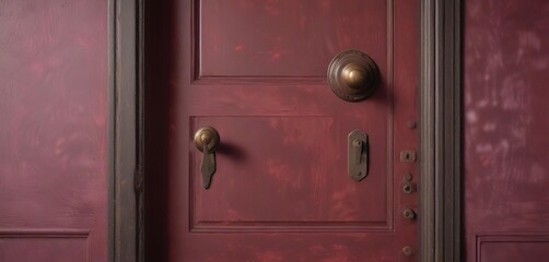 Obraz premium Vintage-inspired door with a rusted doorknob and burgundy-colored door surround, rough, old wooden door, distressed wood
