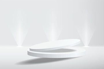 Abstract 3D empty white round podium and spotlight on white wall. Display realistic element geometric blank stage for product pedestal, cosmetic stand, showcase, exhibition, fashion stage. Vector
