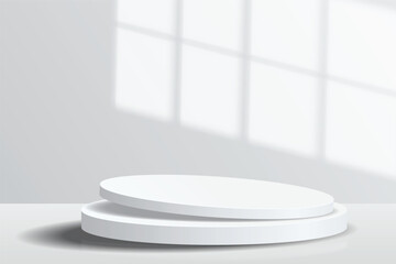 Abstract 3D empty white round podium and window light blur on white wall. Display realistic element geometric blank stage for displaying products, cosmetic presentation, showcase, exhibition. Vector
