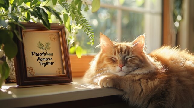 Cozy Cat Relaxing by a Window with Inspirational Quote Frame