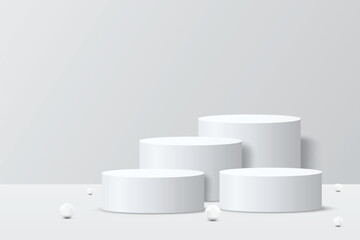 Abstract 3D empty white round podium on white studio. Display mockup scene realistic element geometric blank stage for product pedestal, cosmetic stand, showcase, exhibition, fashion stage. Vector
