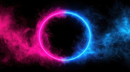 Obraz premium A vibrant neon circle surrounded by colorful smoke effects.