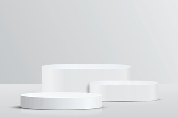 Abstract 3D empty white round podium on white studio. Display mockup scene realistic element geometric blank stage for product pedestal, cosmetic stand, showcase, exhibition, fashion stage. Vector
