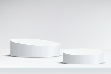 Abstract 3D empty white round podium on white studio. Display mockup scene realistic element geometric blank stage for product pedestal, cosmetic stand, showcase, exhibition, fashion stage. Vector
