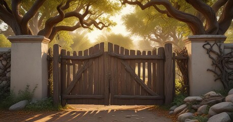 Weathered wooden gate with gnarled branches and twisted roots under the gentle warmth of late afternoon, twilight, branches, nature