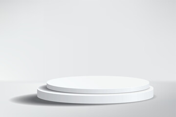 Abstract 3D empty white round podium on white studio. Display mockup scene realistic element geometric blank stage for product pedestal, cosmetic stand, showcase, exhibition, fashion stage. Vector
