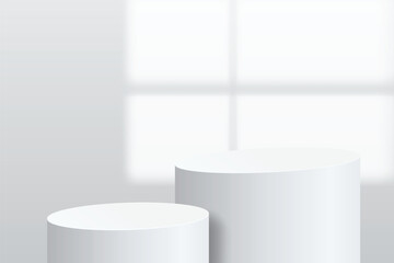 Abstract 3D empty white round podium and window light blur on white wall. Display realistic element geometric blank stage for displaying products, cosmetic presentation, showcase, exhibition. Vector
