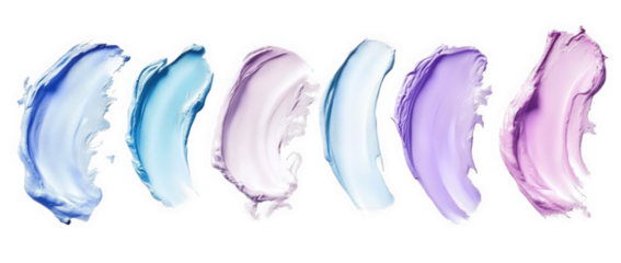 six colorful swirls of cream or gel on a white background