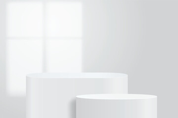 Abstract 3D empty white round podium and window light blur on white wall. Display realistic element geometric blank stage for displaying products, cosmetic presentation, showcase, exhibition. Vector

