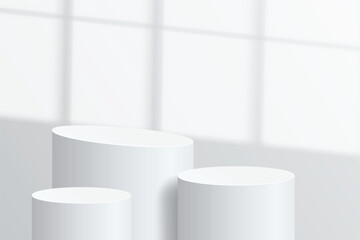 Abstract 3D empty white round podium and window light blur on white wall. Display realistic element geometric blank stage for displaying products, cosmetic presentation, showcase, exhibition. Vector
