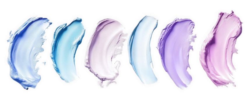 six colorful swirls of cream or gel on a white background