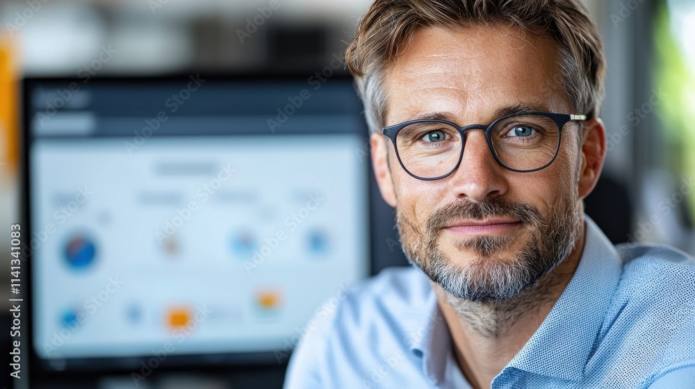 Poster focused businessman working at desk with computer and analyzing data and reports corporate executive