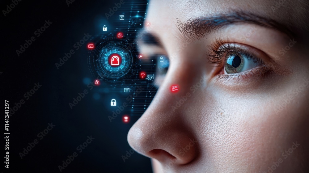 Aufkleber close up shot of a futuristic digital eye scanning interface with glowing red and blue circuitry rep