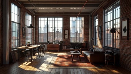 Sunlit loft apartment with exposed brick walls, large windows, wooden floors, leather sofa, and city view.