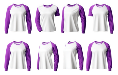 eight blank white long-sleeved t-shirts with purple raglan sleeves. arranged in a grid on a transparent background