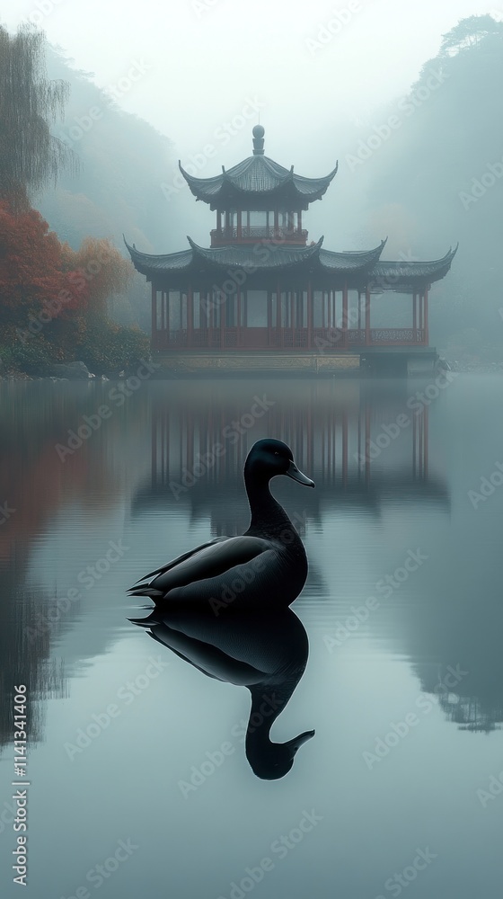 Poster a serene scene featuring a duck on a calm lake with a traditional pavilion in the background.