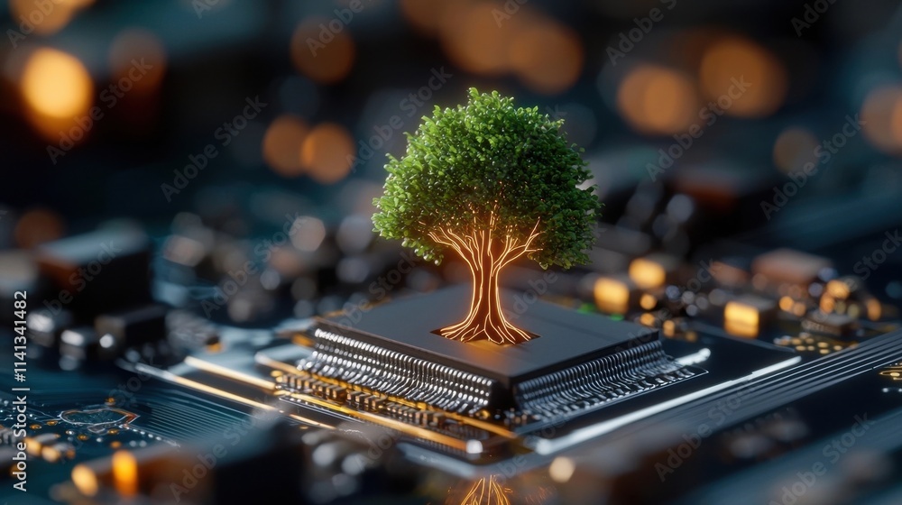 Aufkleber futuristic digital tree growing from high tech circuit board symbolizing innovation technology and t