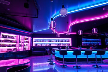 Futuristic Neon Bar Interior with Glowing Lights.generative AI  
