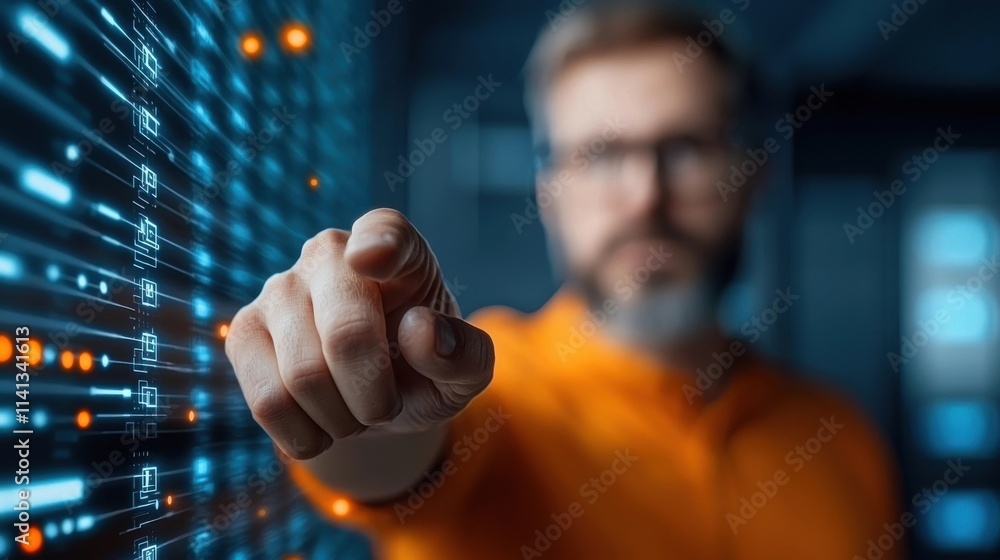 Poster bearded man with glasses pointing his finger at laptop computer screen in a high tech futuristic cyb