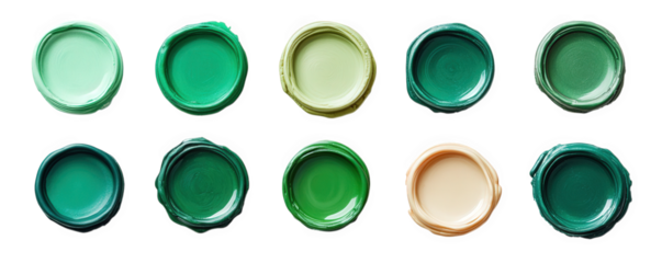 ten round samples of green and beige paint the paint is in various shades of green and one is beige they are all set in a row on a transparent background