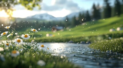 Fototapeta premium Peaceful and serene summer landscape with a tranquil pond lush green meadow colorful wildflowers and a beautiful mountain range in the distance Idyllic and picturesque natural scenery