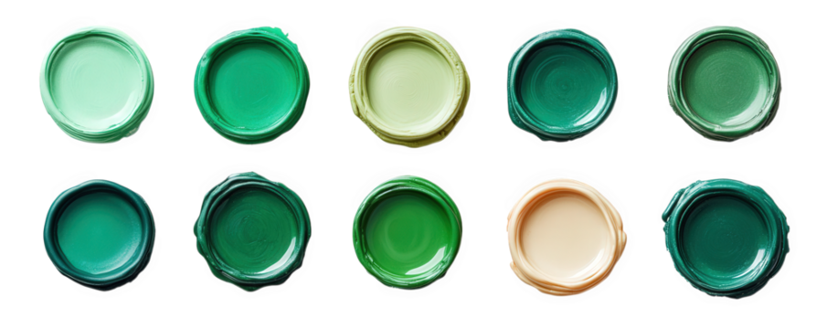 ten round samples of green and beige paint the paint is in various shades of green and one is beige they are all set in a row on a transparent background