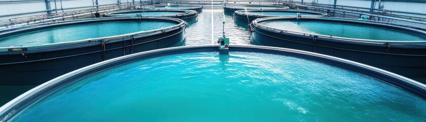 Aquaculture tanks filled with clear water for fish farming.