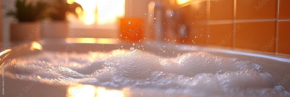 Poster a close-up of a bubbling bath with warm lighting, creating a relaxing atmosphere.
