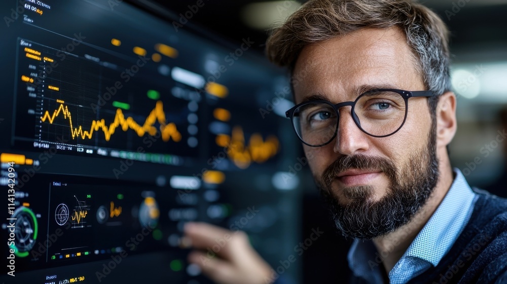 Poster experienced business professional closely examining real time financial market charts and analytical