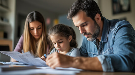 Obraz premium A parent and child reading a book together at home, with a warm and educational atmosphere, showing a happy family moment.