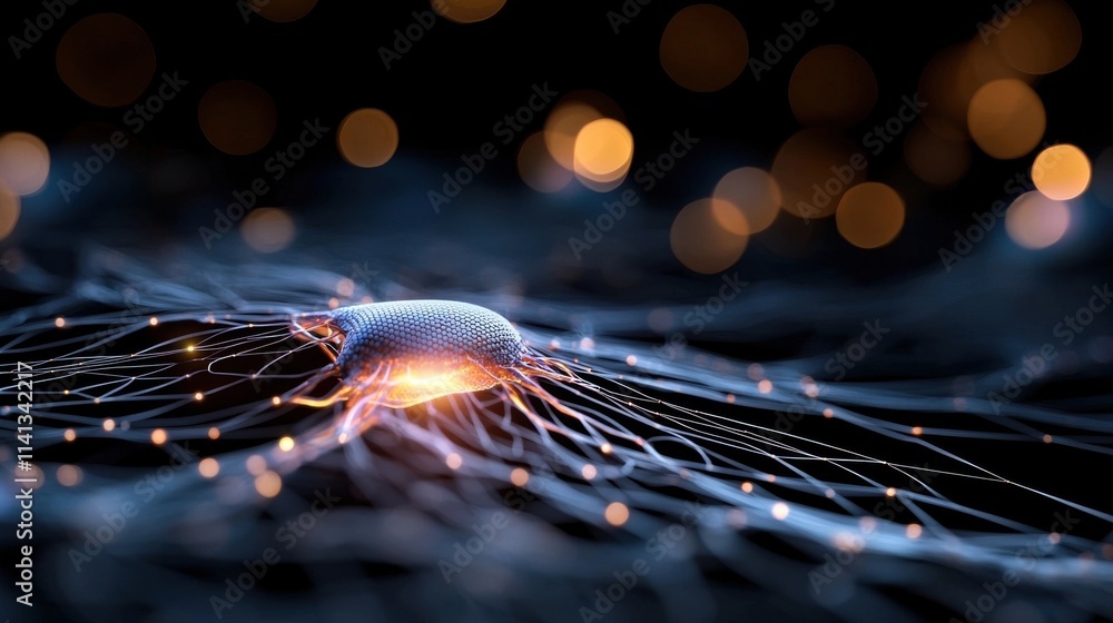 Poster dazzling abstract light and motion in a luminous digital landscape with glimmering particles and wav