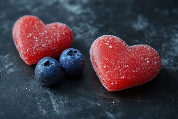 Obraz premium Sugar-Coated Heart Candies with Blueberries on Dark Background: A Sweet Culinary Delight