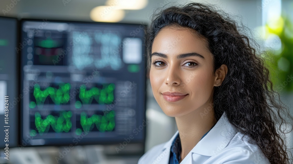 Poster confident and determined female financial professional standing in front of computer screen displayi