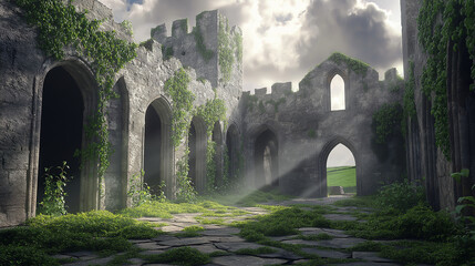 The courtyard of an Irish castle with stone arches and towers, overgrown greenery around the walls