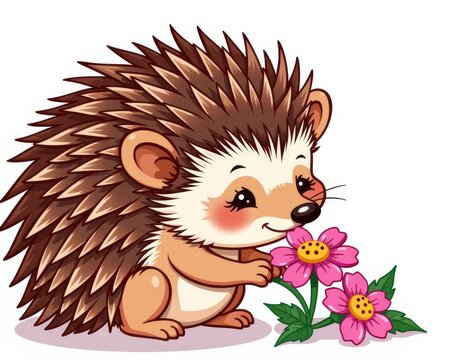 A charming cartoon hedgehog holds a vibrant pink daisy, its bright petals and delicate green stem standing out against the hedgehog's curious face, gazing rightwards