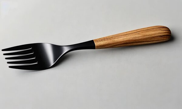 A black fork with a wooden handle, designed for serving or mixing food.