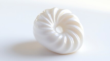 A smooth, white spiral shell resembling a nautilus, showcasing elegant curves and a glossy finish on a light background.