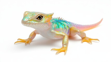 Fototapeta premium A vibrant, colorful lizard with iridescent scales and a distinctive posture, showcasing its unique features against a white background.