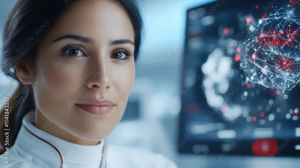 Poster portrait of a focused adult female researcher or scientist closely examining a digital brain visuali