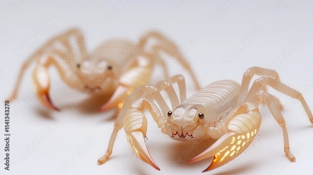 Poster Two translucent crabs with delicate features and prominent claws are positioned closely on a smooth surface.