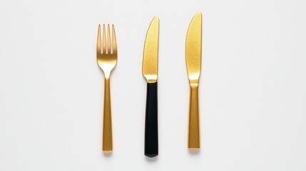 Fototapeta premium Elegant gold cutlery set featuring a fork, knife, and a unique black-handled knife on a clean background.