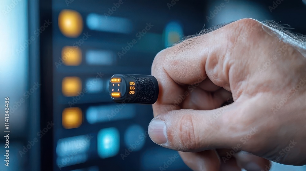 Poster close up of a human hand pressing a button on a digital control interface or dashboard of an electro
