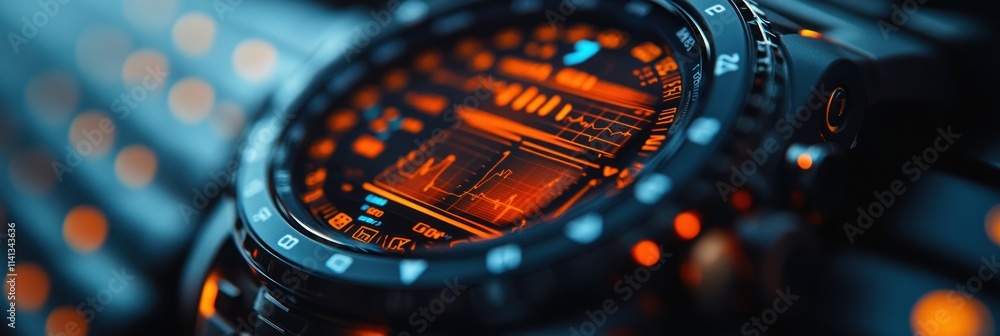 Aufkleber a close-up of a futuristic smartwatch displaying data and graphs in vibrant colors.