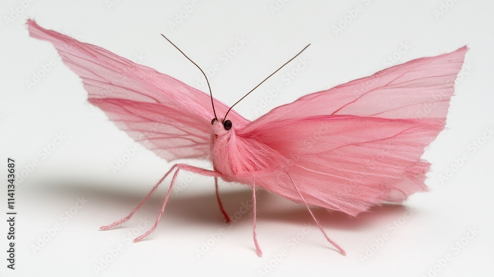 Poster a delicate pink moth with translucent wings, showcasing intricate textures and a unique appearance, 