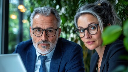 Successful business partners or coworkers having a focused discussion or presentation in a modern corporate office setting