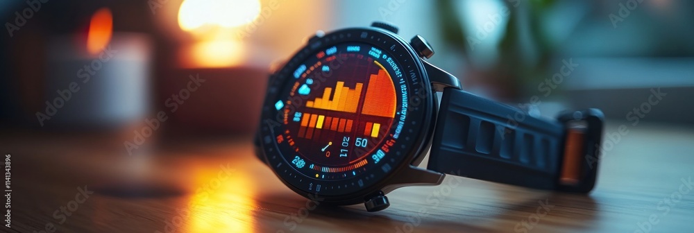 Poster a smartwatch displaying vibrant data visuals on a wooden surface, with soft candlelight in the backg