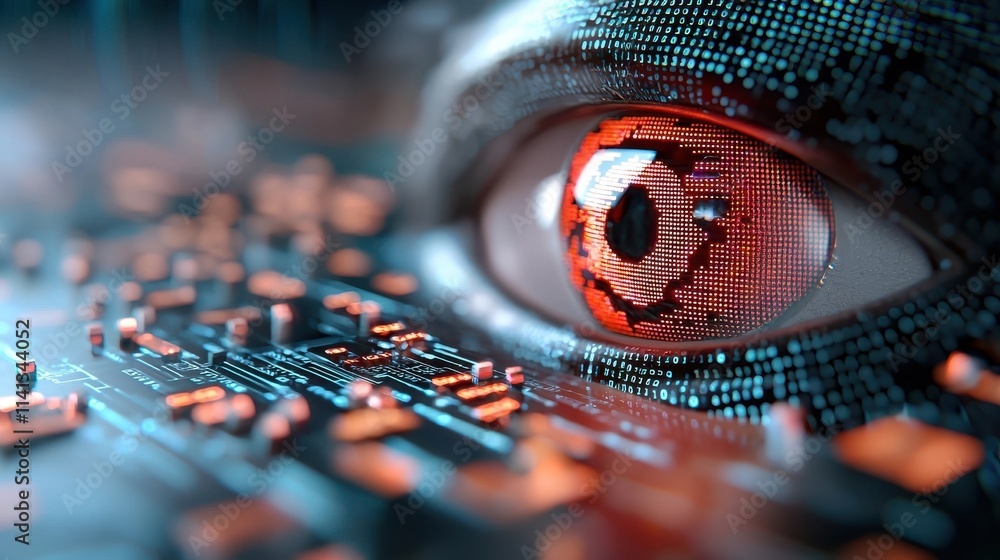 Poster close up of a highly detailed futuristic digital circuit board with a cyberpunk style eye scanner se