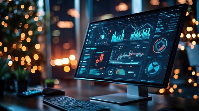 High-tech monitor displaying colorful data visualizations.