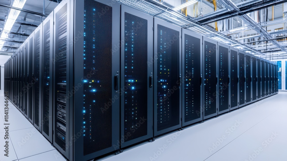 Poster modern data center with rows of server racks and blue indicators.
