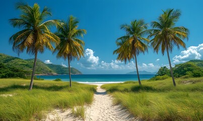 Fototapeta premium Beautiful tropical beach with palm trees and a blue sky background, Generative AI 